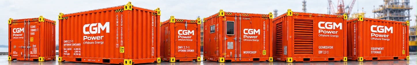 Six CGM Power offshore containers in RAL 2005 orange: 10 ft, 20 ft, mini, workshop, generator and equipment storage